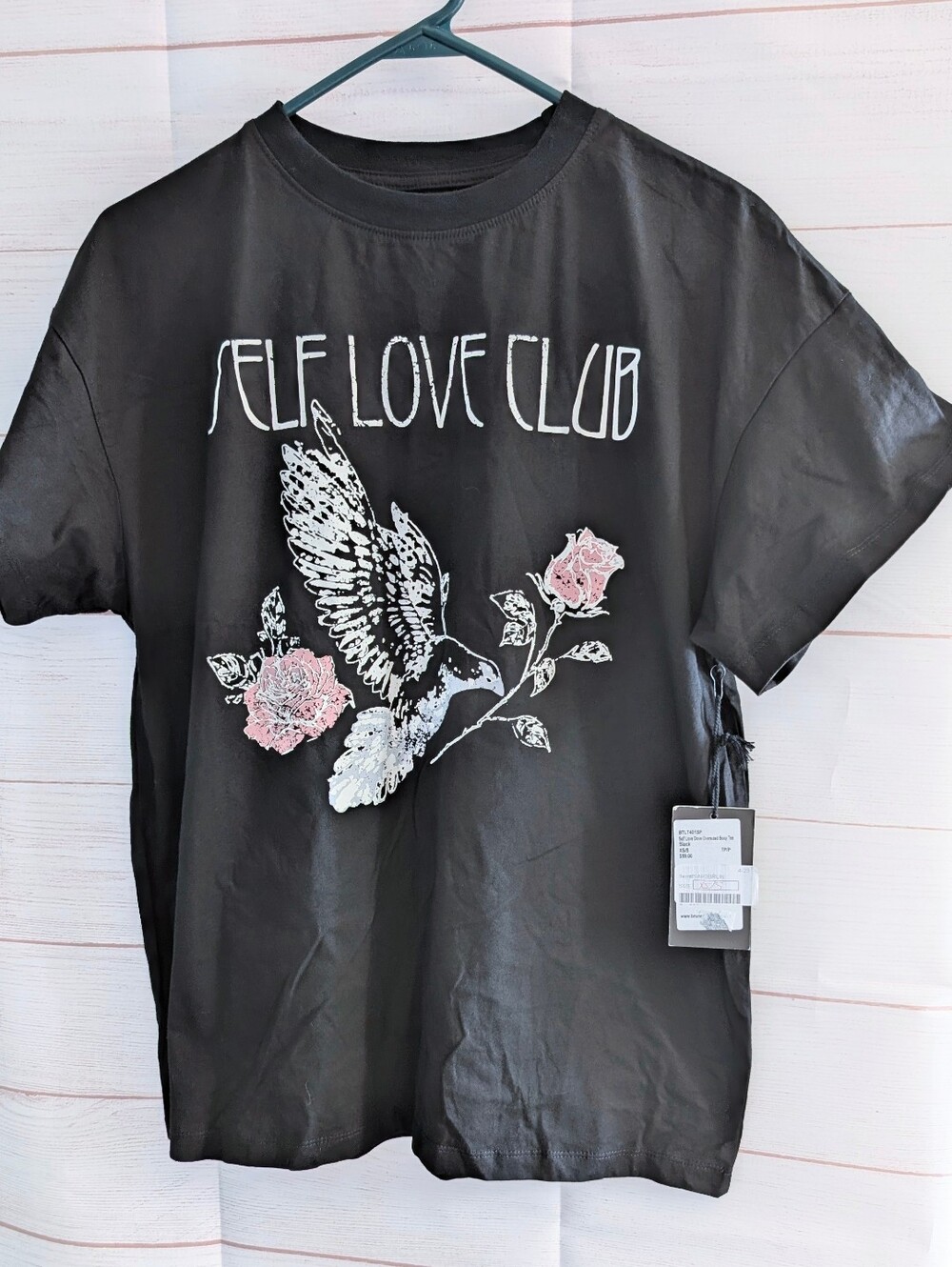 Nwt Brunette The Label Self Love Club Black Graphic Tee with Bird & Roses XS/S